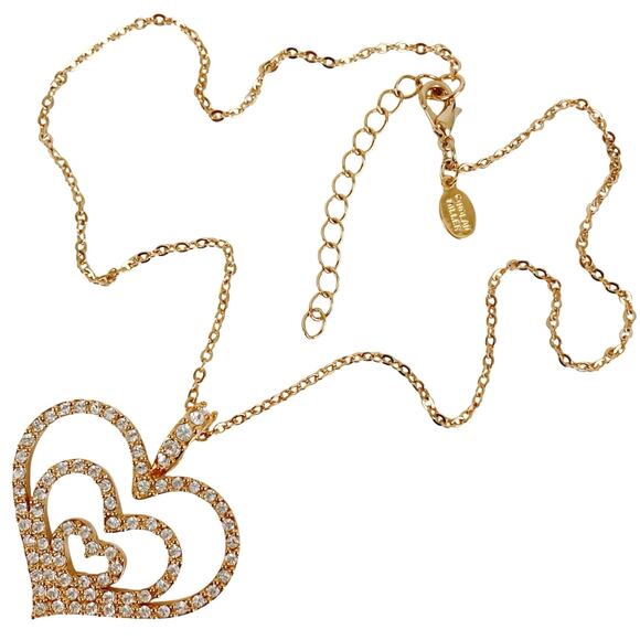 Signed Nolan Miller Gold Tone Triple Heart Rhinestone Pendant Necklace Vintage - Picture 2 of 12